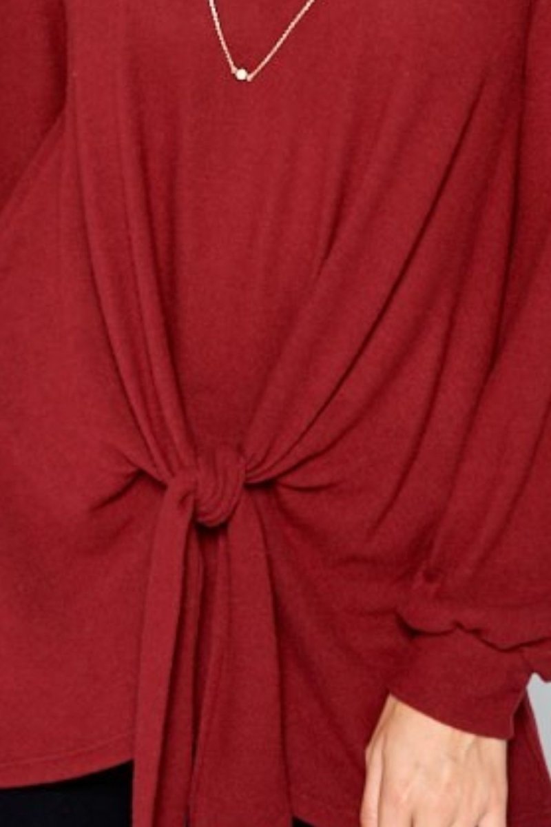 Super Lady Full Size Round Neck Knot Front Hacci Blouse - Love Salve